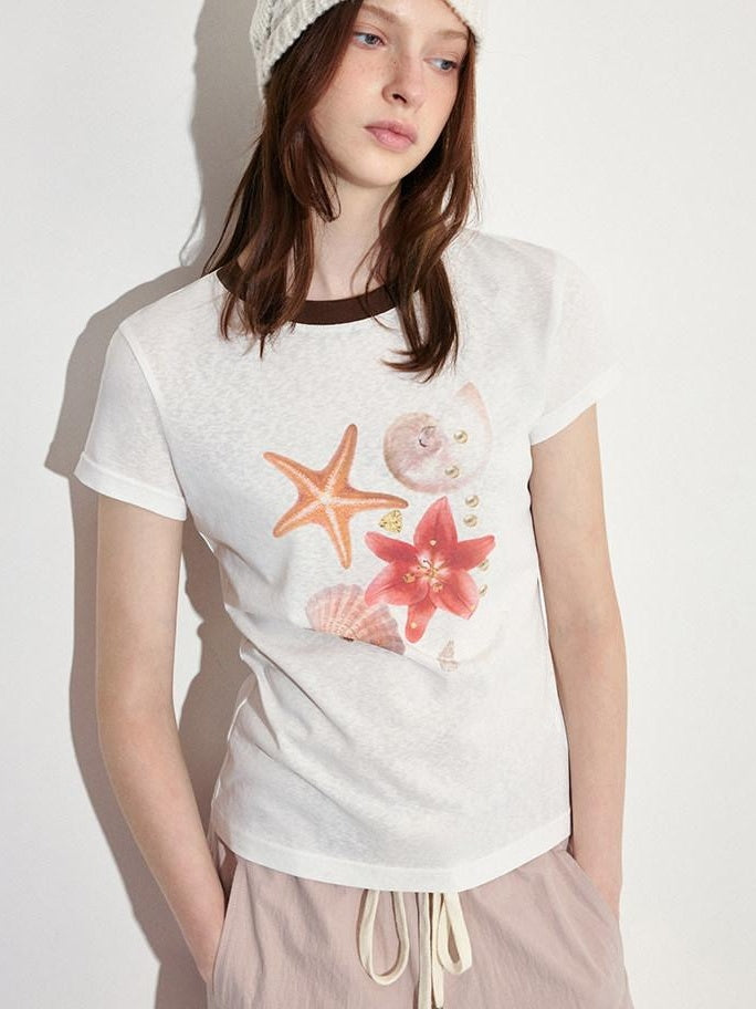 fano Breathable Lyocell Blend Korean Slim Fit White Printed Short Sleeve T-Shirts