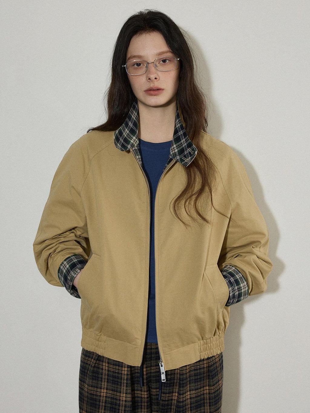 Lofi choose Pure Cotton Office Loose Raglan Zipper Plaid Women Khaki Cropped Jackets