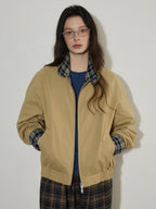 Lofi choose Pure Cotton Office Loose Raglan Zipper Plaid Women Khaki Cropped Jackets