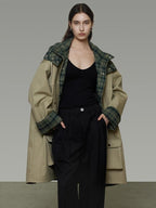 unspoken Breathable Pure Cotton Minimalist Loose Midlength Women Plaid Khaki Trench Coats