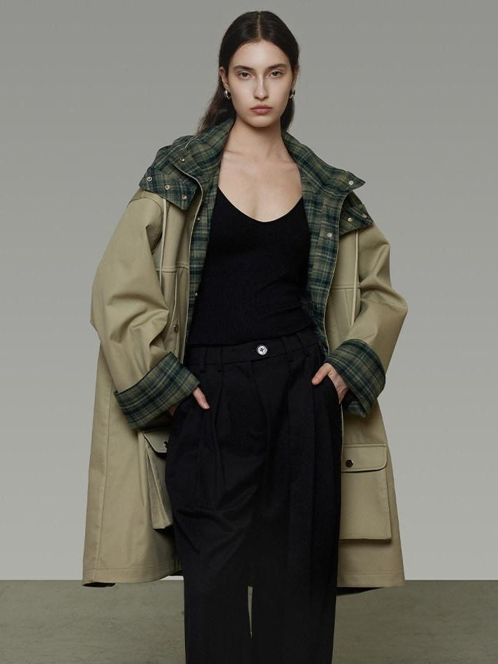 unspoken Breathable Pure Cotton Minimalist Loose Midlength Women Plaid Khaki Trench Coats