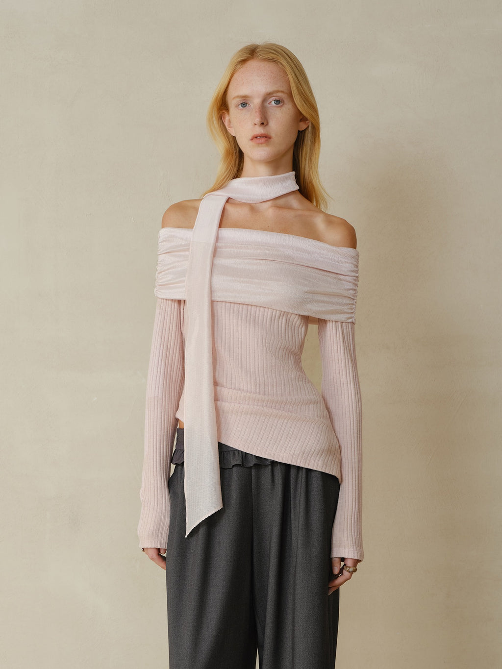 someonesometimes Cotton Blend Slim Fit Patchwork Knit Women Peach Pink Long Sleeve T-Shirts