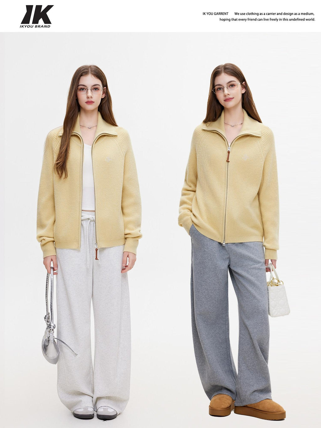 ikyou Warm Zipper Stand Collar Loose Knit Commuter Yellow Wool Blend Cardigans