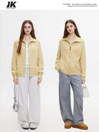 ikyou Warm Zipper Stand Collar Loose Knit Commuter Yellow Wool Blend Cardigans