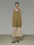 unspoken Khaki Beige Colorblock Sleeveless H Line Round Neck Loose Waist Maxi Dresses
