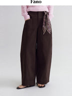 fano High Waist Cotton Warm Minimal Commuter Pocket Button Women Brown Wide Leg Pants