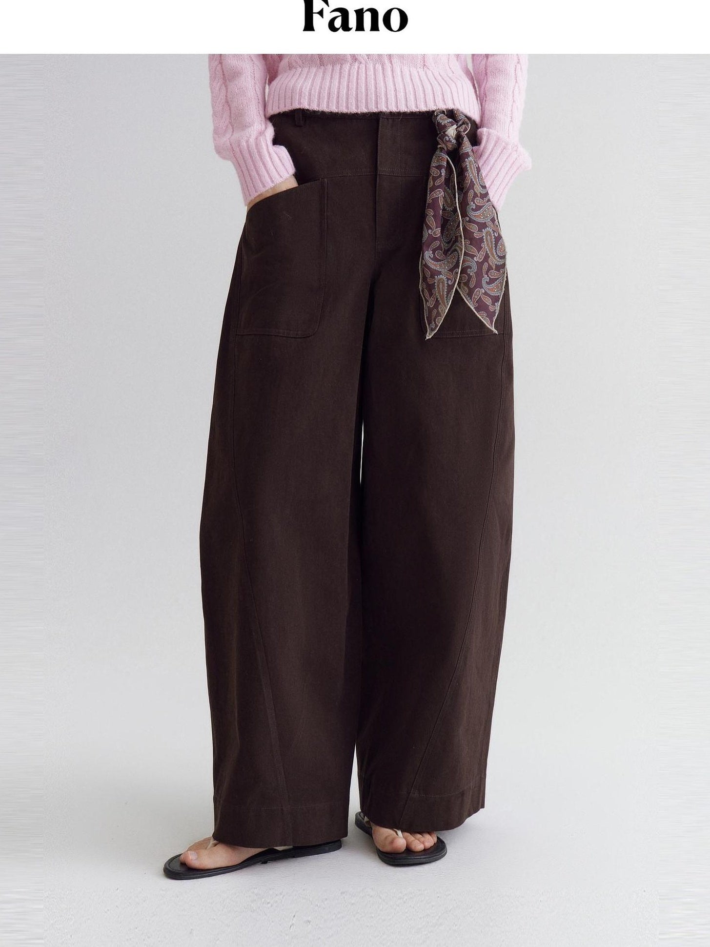 fano High Waist Cotton Warm Minimal Commuter Pocket Button Women Brown Wide Leg Pants