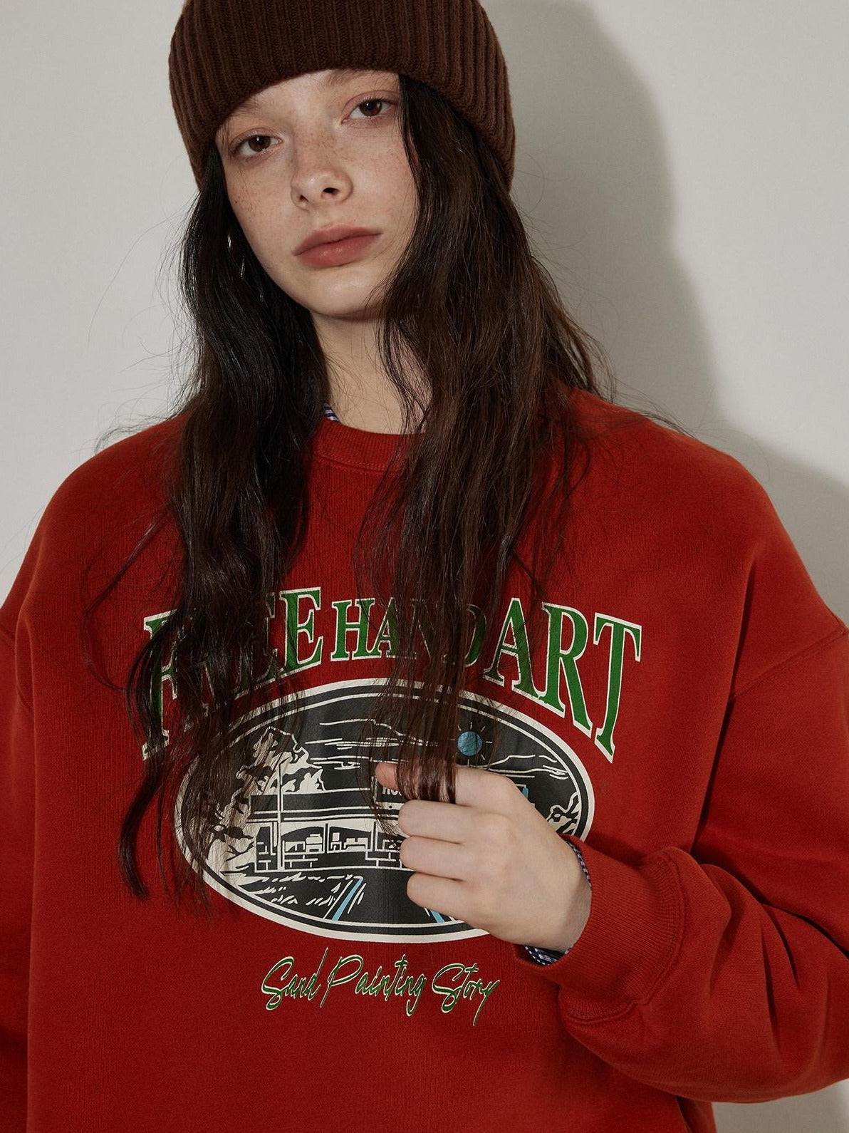 Lofi choose Cozy Thick Oversized Pullover Crewneck Cartoon Anime Print Vintage Red Sweatshirt