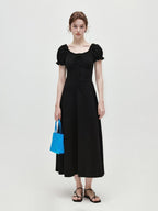 fano Structured High Waist A Line Square Neck Cotton Short Sleeve Black Maxi Dresses