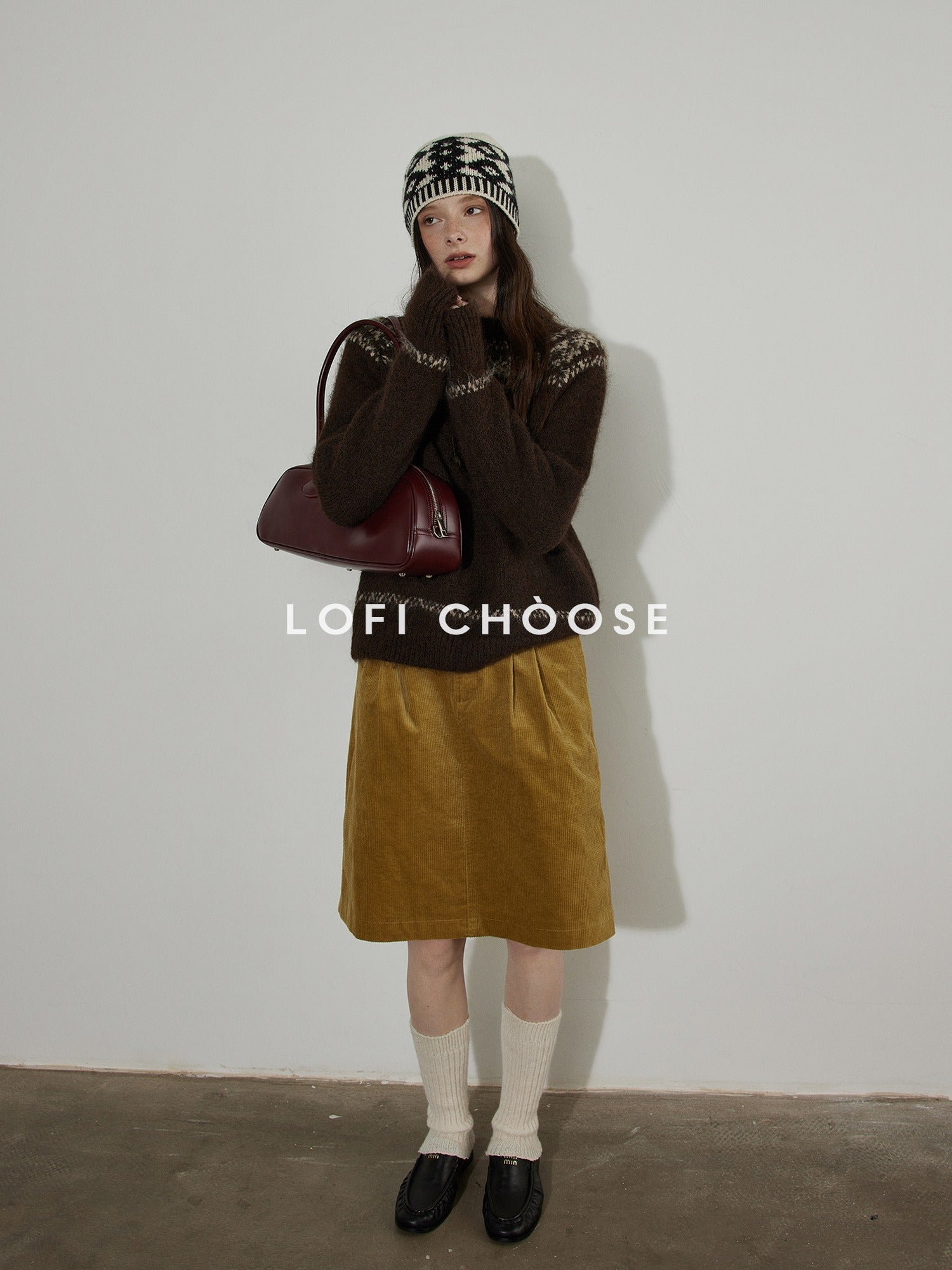 Lofi choose Cotton Pleated Vintage Aline Elastic Waist Loose Workwear Midi Skirts