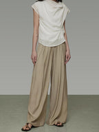 unspoken High Waist Pleated Elastic Workwear Khaki Viscose Wide Leg Pants