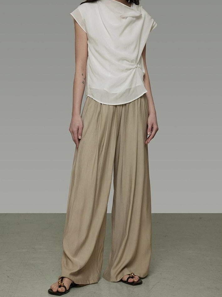 unspoken High Waist Pleated Elastic Workwear Khaki Viscose Wide Leg Pants