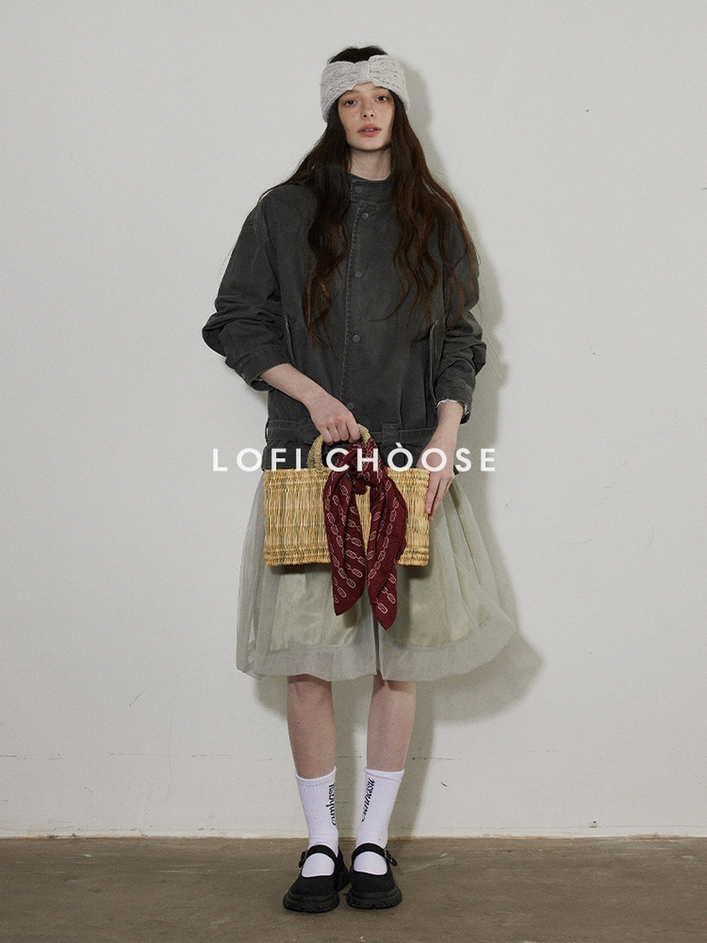 Lofi choose Breathable Drawstring Oversized Commuter Women Button Mud Gray Denim Jackets