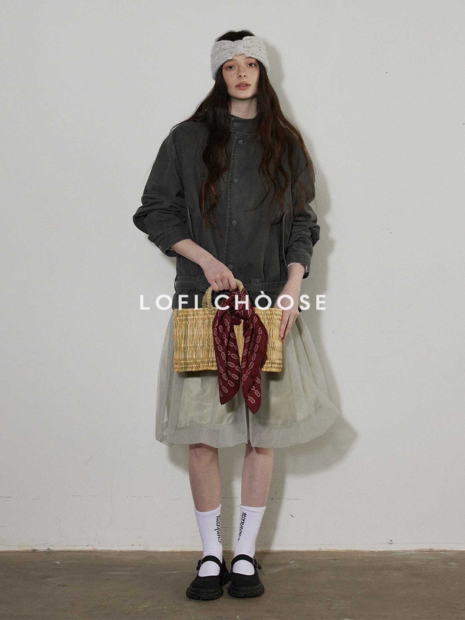Lofi choose Breathable Drawstring Oversized Commuter Women Button Mud Gray Denim Jackets