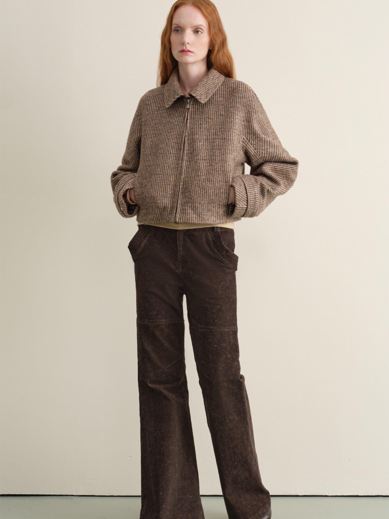 someone sometimes Wool Blend Retro Loose Zip Lapel Long Sleeve Women Multicolor Cropped Jackets
