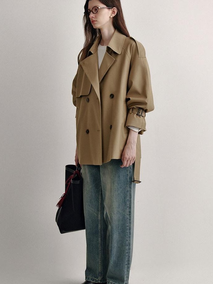 fano Buttoned Double Breasted Short Loose Fit Women Khaki Beige Trench Coats