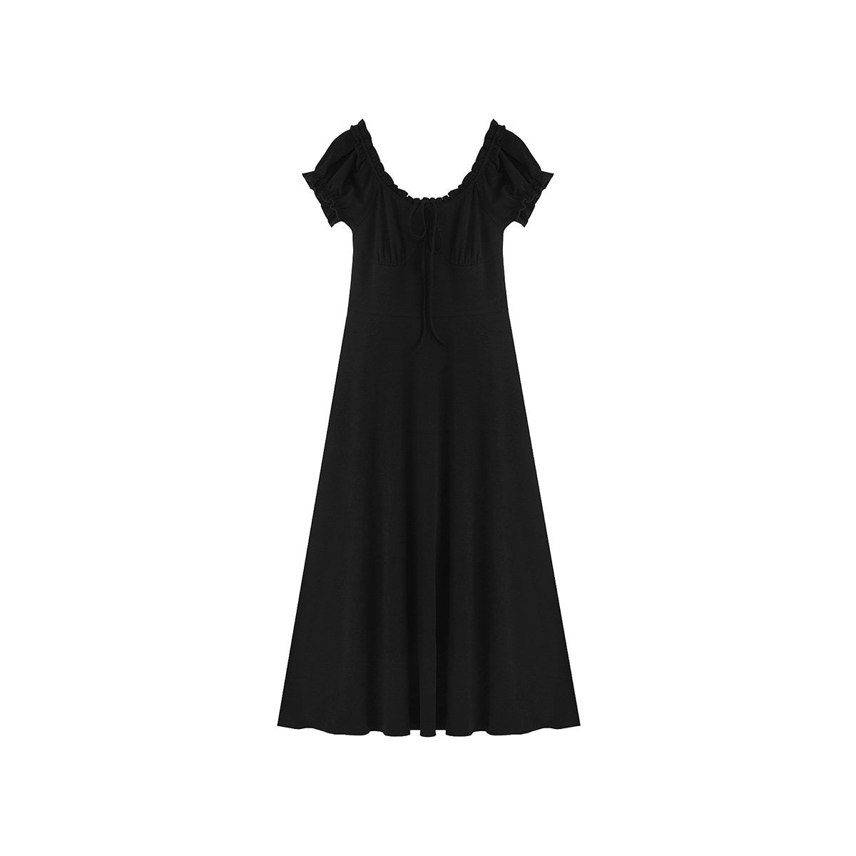 fano_Structured_High_Waist_A_Line_Square_Neck_Cotton_Short_Sleeve_Black_Maxi_Dresses_MISSTT