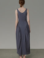 unspoken Pleated High Waist Minimal H Silhouette U Neck Sleeveless Office Maxi Dresses
