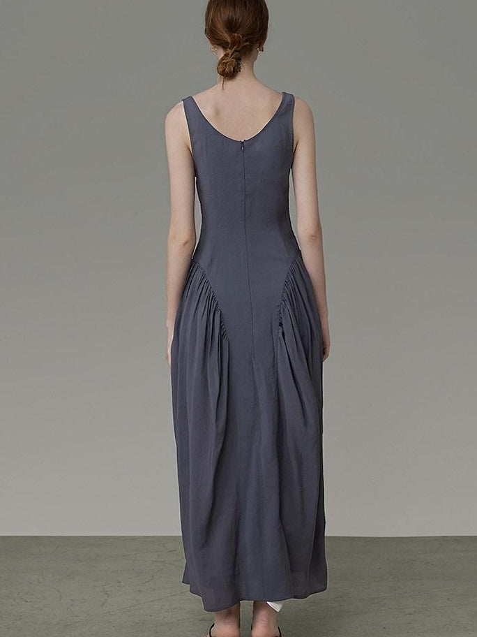 unspoken Pleated High Waist Minimal H Silhouette U Neck Sleeveless Office Maxi Dresses