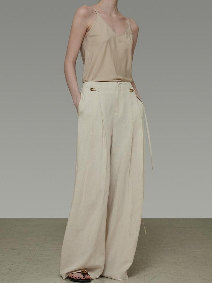 unspoken High Waisted Lyocell Linen Pleated Tie Waist Office Casual Wide Leg Pants