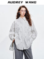 audreyyang Holds Shape Casual Loose Colorblock Striped Drop Shoulder Women Cotton Shirts