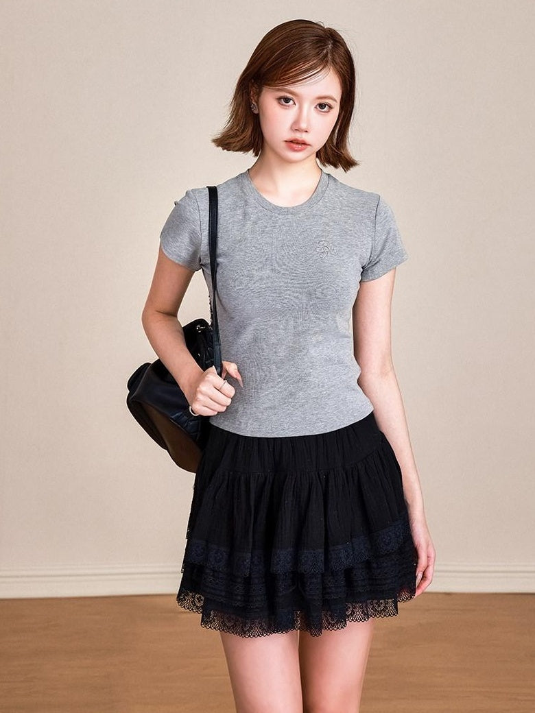 ikyou Pure Cotton Embroidered Slim Fit Short Sleeve Crew Neck Casual Basic Crop Tops