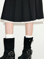 fano Sweet Lace Pleated Mid Waist Paneled Casual Women Black Midi Skirts