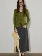 Lofi choose Cotton Stretch V-neck Slim Fit Office Women Yellow Green Long Sleeve T-Shirts