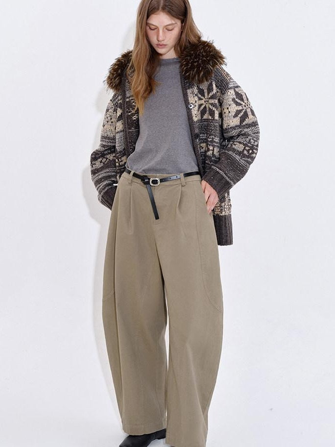 fano Breathable Cotton Khaki Natural Waist Casual Zipper Fly Women Wide Leg Pants