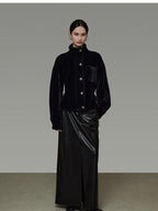 unspoken Thick 3D Tailored Slim Stand Collar Women Black Single Breasted Short Coat