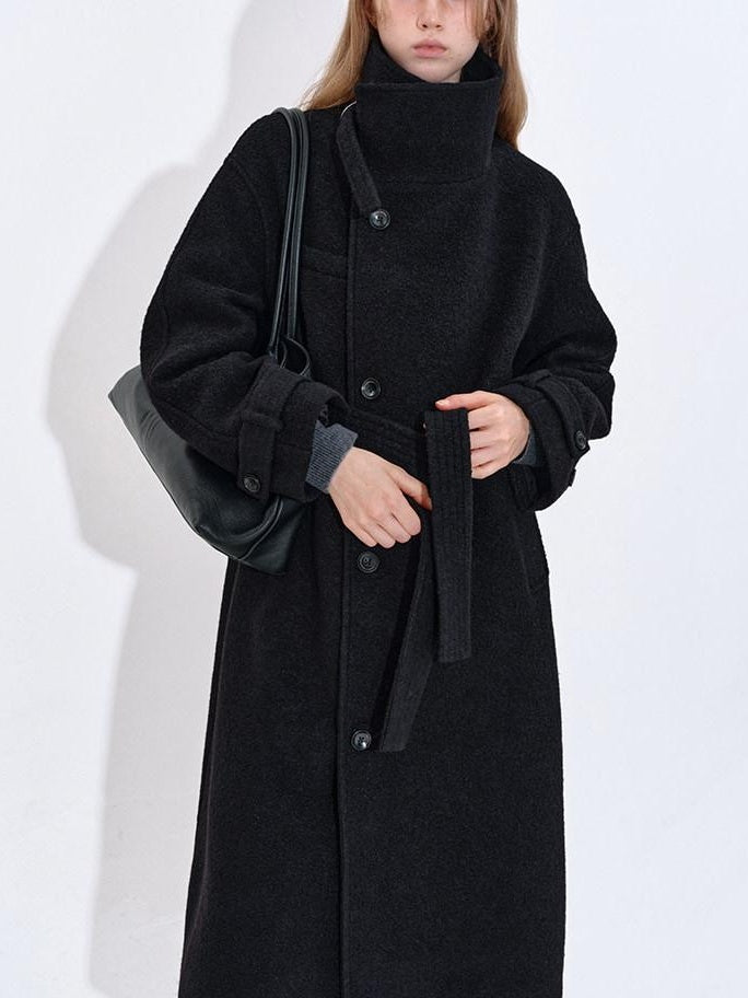 fano Premium Wool Blend Long Notch Collar Relaxed Black Korean Women Wool Coats