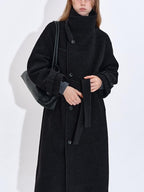 fano Premium Wool Blend Long Notch Collar Relaxed Black Korean Women Wool Coats