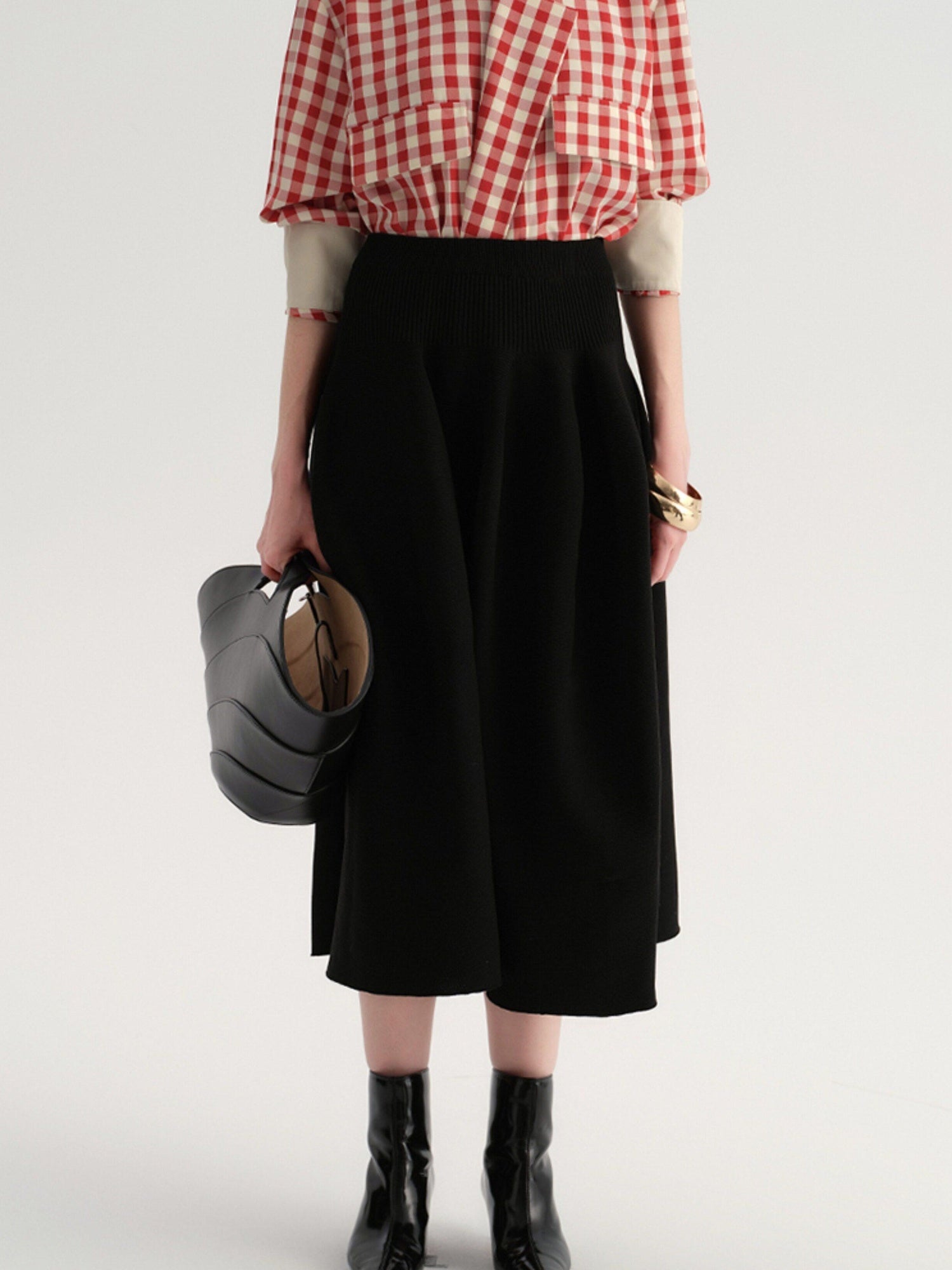 audreyyang Flattering High Waist A Line Solid Black Nylon Office Casual Women Maxi Skirts