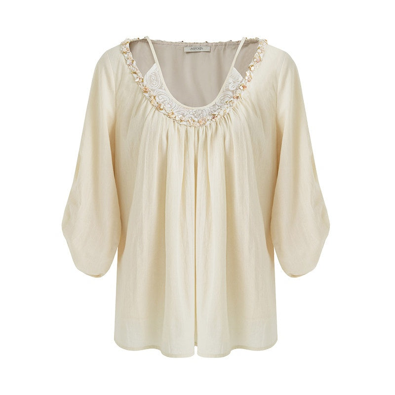 unspoken_Durable_100%_Cotton_Original_Relaxed_Round_Neck_Women_Beige_Solid_Blouses_MISSTT