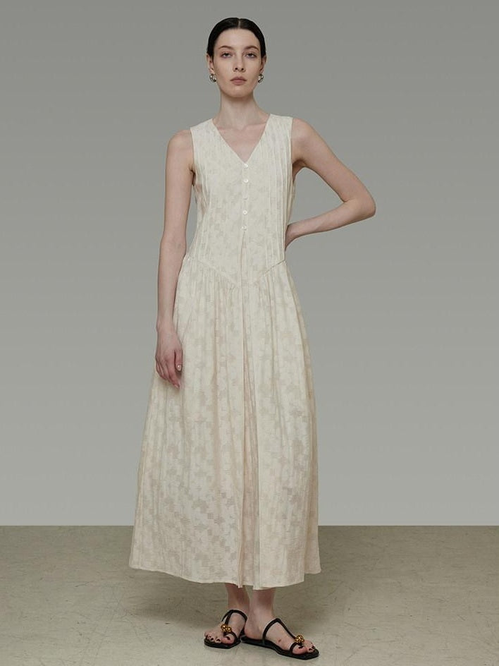 unspoken Elegant Jacquard V-neck High Waist A Line Sleeveless Work Off White Maxi Dresses
