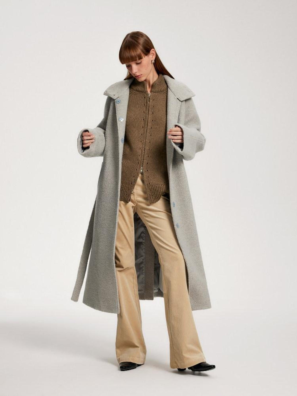someone sometimes Acrylic Wool Blend Stand Collar Open Front Commuter Knit Brown Cardigans