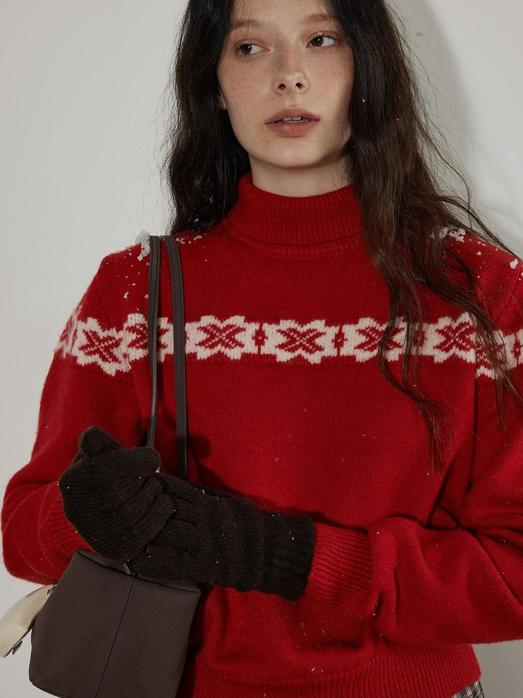 Lofi choose Cozy Wool Knit Office Loose Fit Mock Neck Long Sleeve Red Sweaters