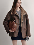 fano Reversible Vintage Straight Stand Collar Women Coffee Brown Short Coat