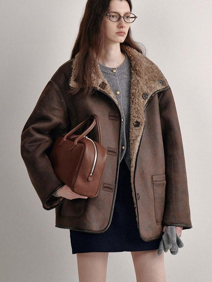 fano Reversible Vintage Straight Stand Collar Women Coffee Brown Short Coat