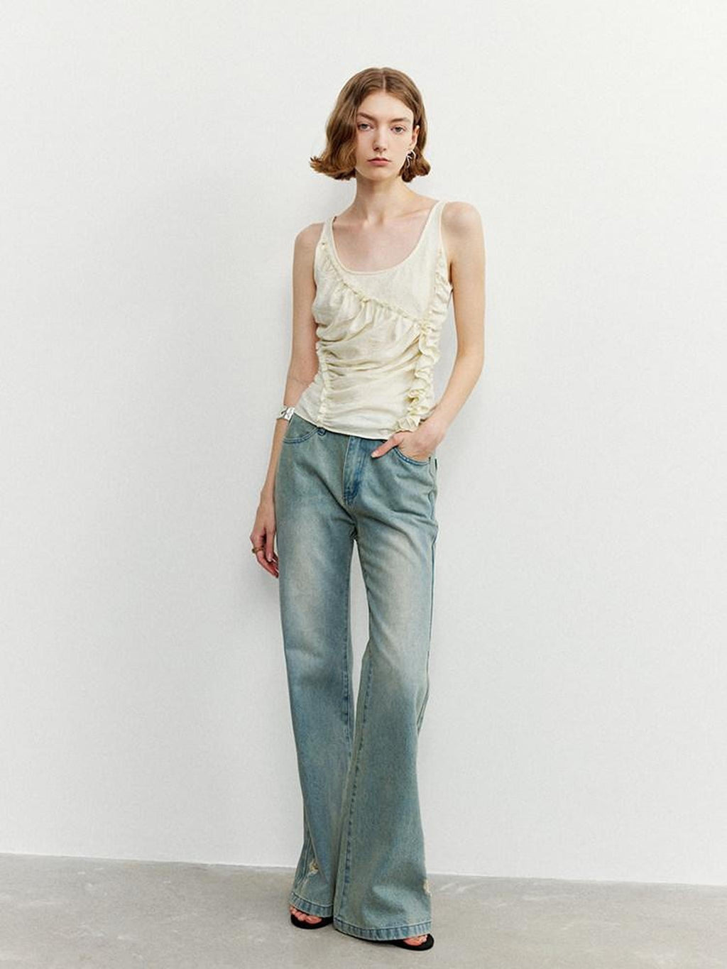 someone sometimes Ruffled Lettuce Edge Slim Fit Original Design Viscose Blend Cream Tank Tops