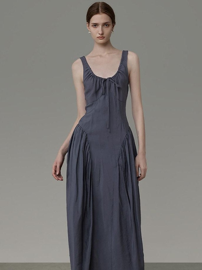 unspoken Pleated High Waist Minimal H Silhouette U Neck Sleeveless Office Maxi Dresses