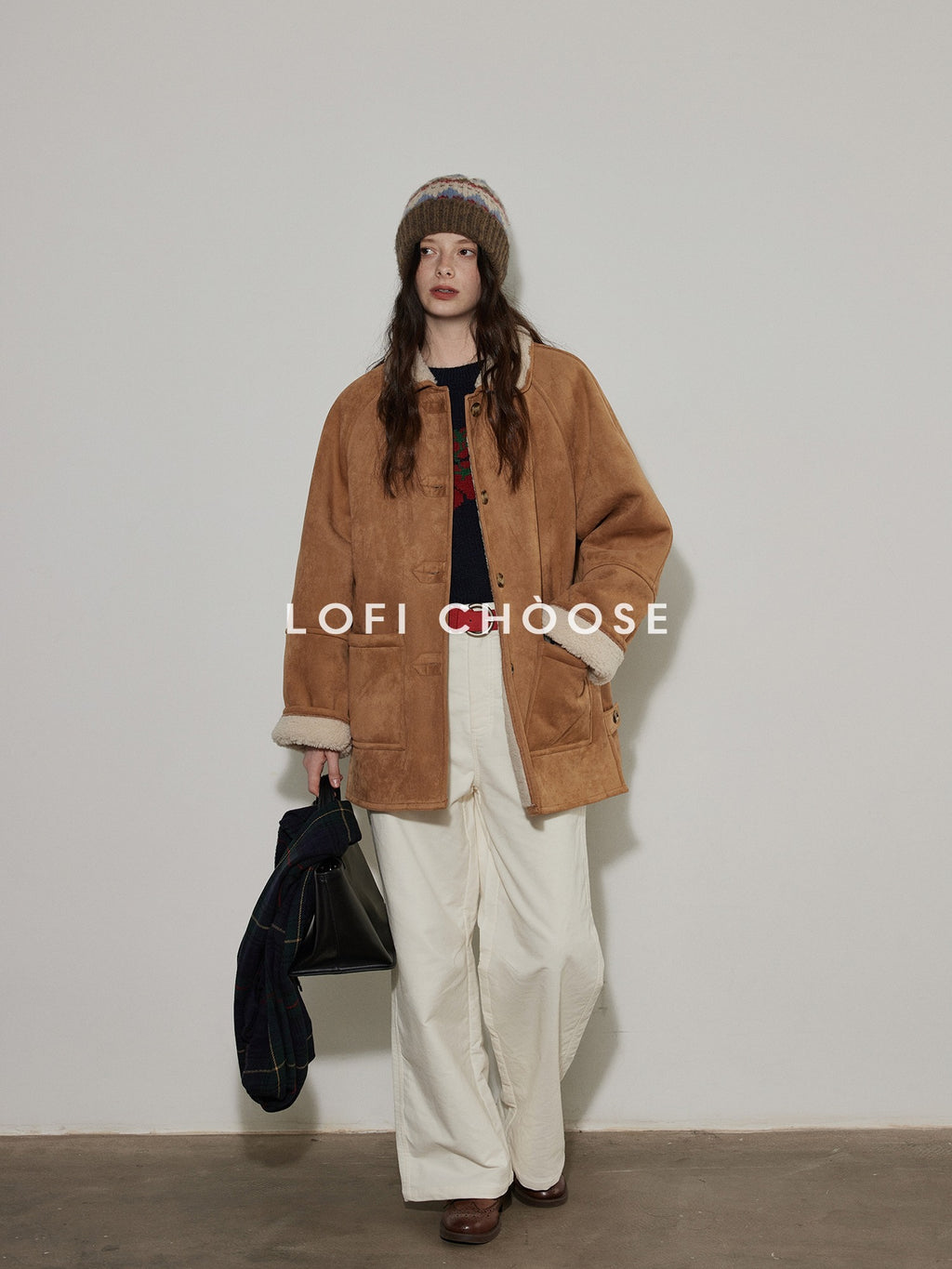 Lofi choose Cozy Crew Neck Loose Fit Office Knit Pullover Off White Navy Sweaters