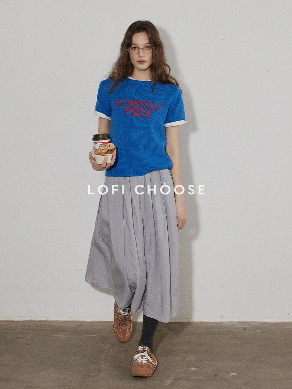 Lofi choose Relaxed Knit Button Round Neck Midlength Letter Print Blue Short Sleeve T-Shirts