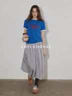 Lofi choose Relaxed Knit Button Round Neck Midlength Letter Print Blue Short Sleeve T-Shirts