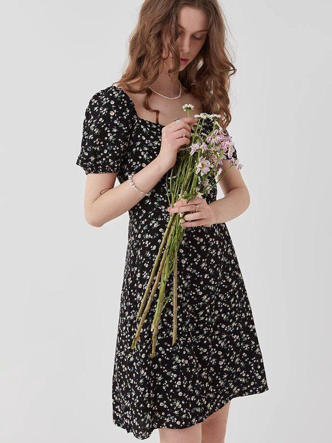 fano Black Floral Puff Sleeve V-neck High Waist A Line Office Chic Midi Dresses
