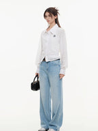ikyou Breathable Lyocell Embroidered Slim Lapel Cardigan Short Work Women Shirts