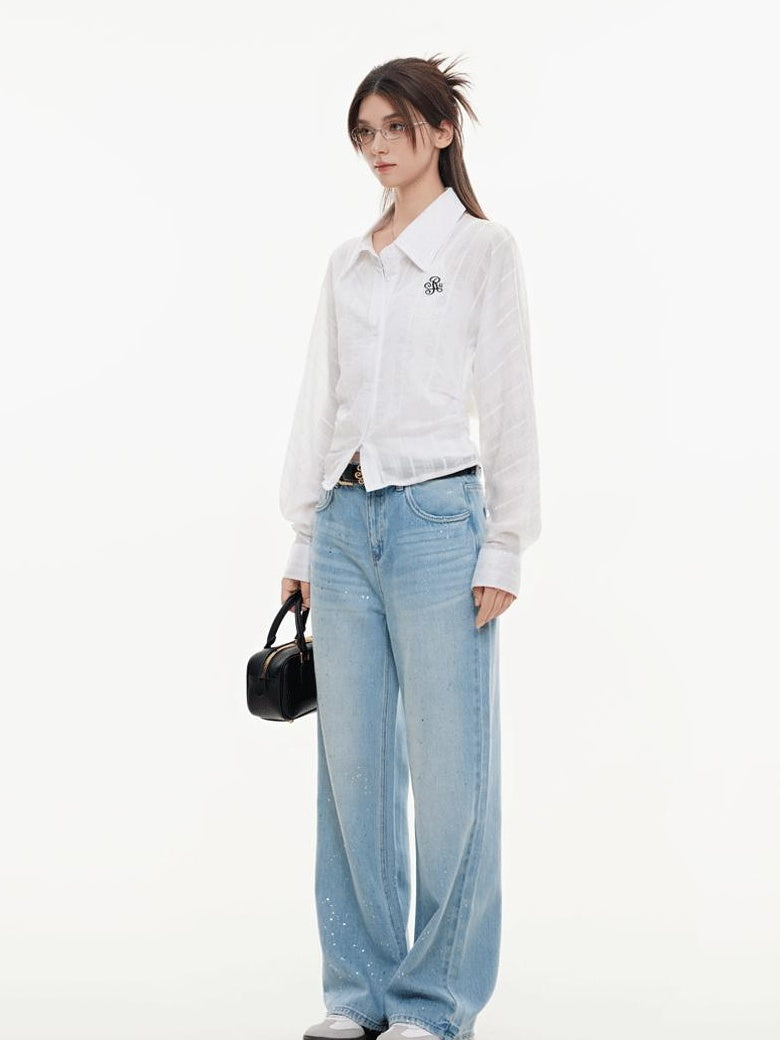 ikyou Breathable Lyocell Embroidered Slim Lapel Cardigan Short Work Women Shirts