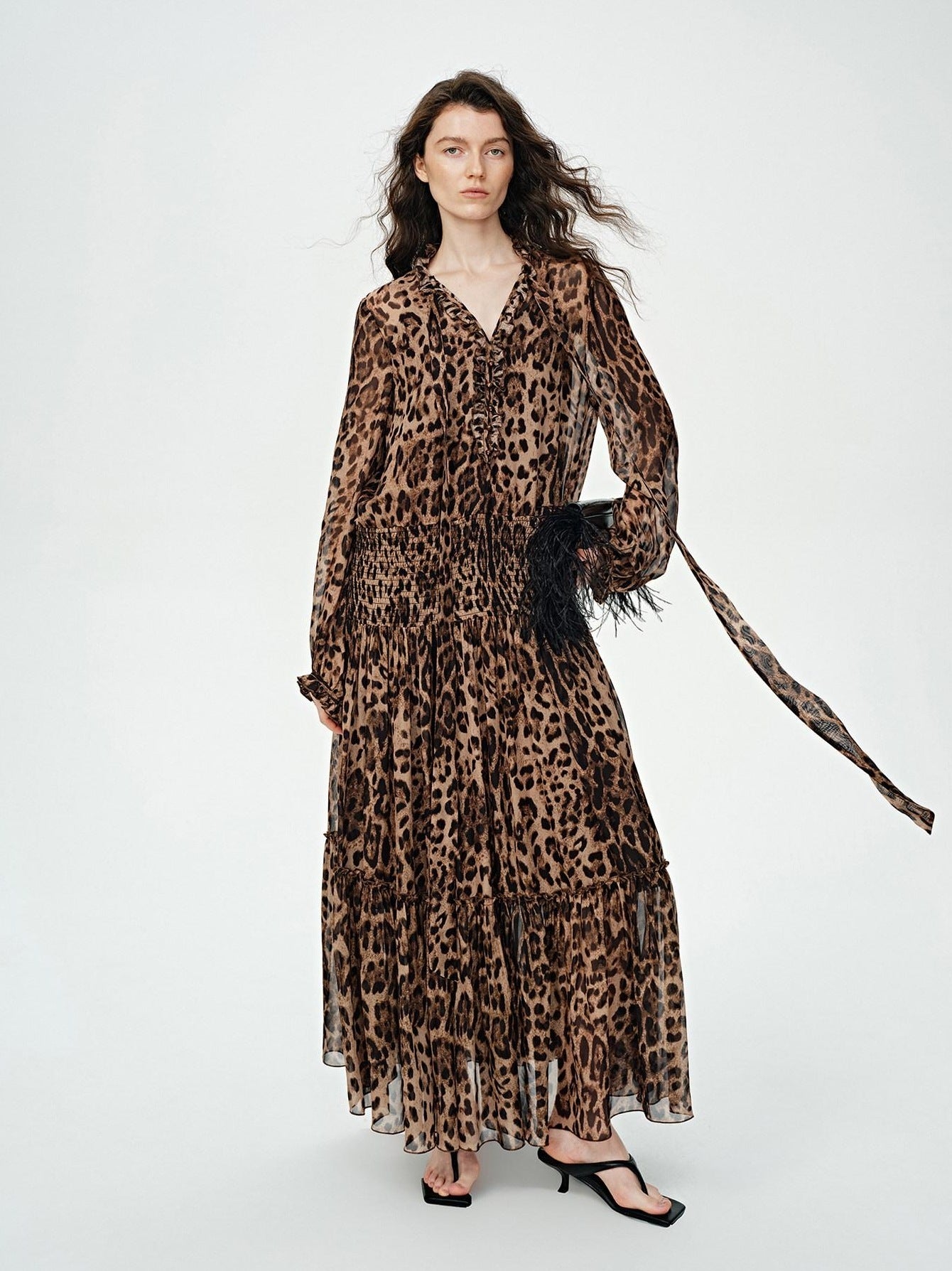 audreyyang Silk Blend Leopard Print A Line Fitted Waist Long Sleeve Vacation Maxi Dresses