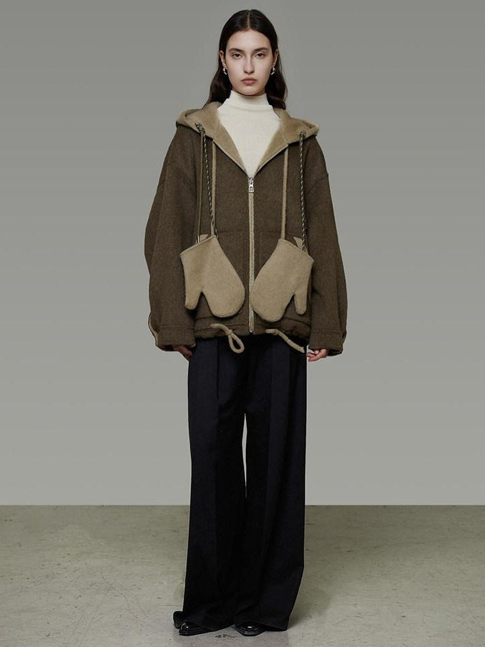 unspoken Premium Sheepswool Minimal Commuter Loose Fit Hooded Zip For Women Wool Coats