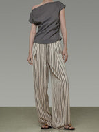 unspoken Minimalist High Waist Elastic Office Loose Striped Polyester Wide Leg Pants
